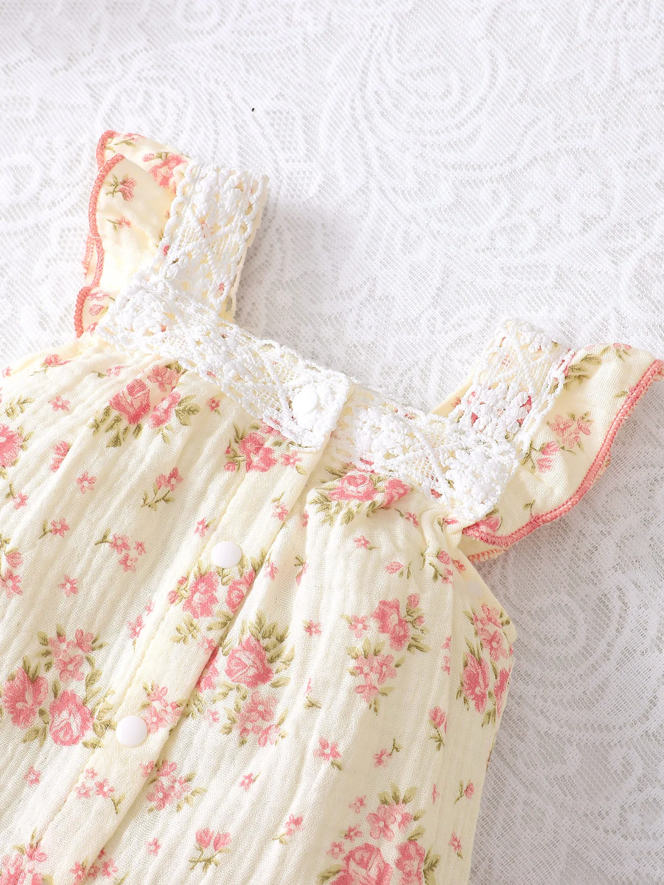 Foreign Style Square Collar Flying Sleeve Cute Sweet Baby Girl Child Onesie Summer Flower Print Breasted Ha Dress Bow Headband 3