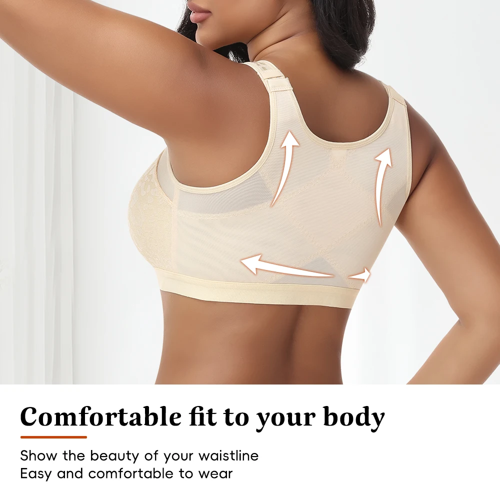 Reggiseno da donna con chiusura frontale in pizzo, senza ferretto, con spalline larghe, supporto push-up, regolabile, traspirante, modellante, lingerie - immagine 4