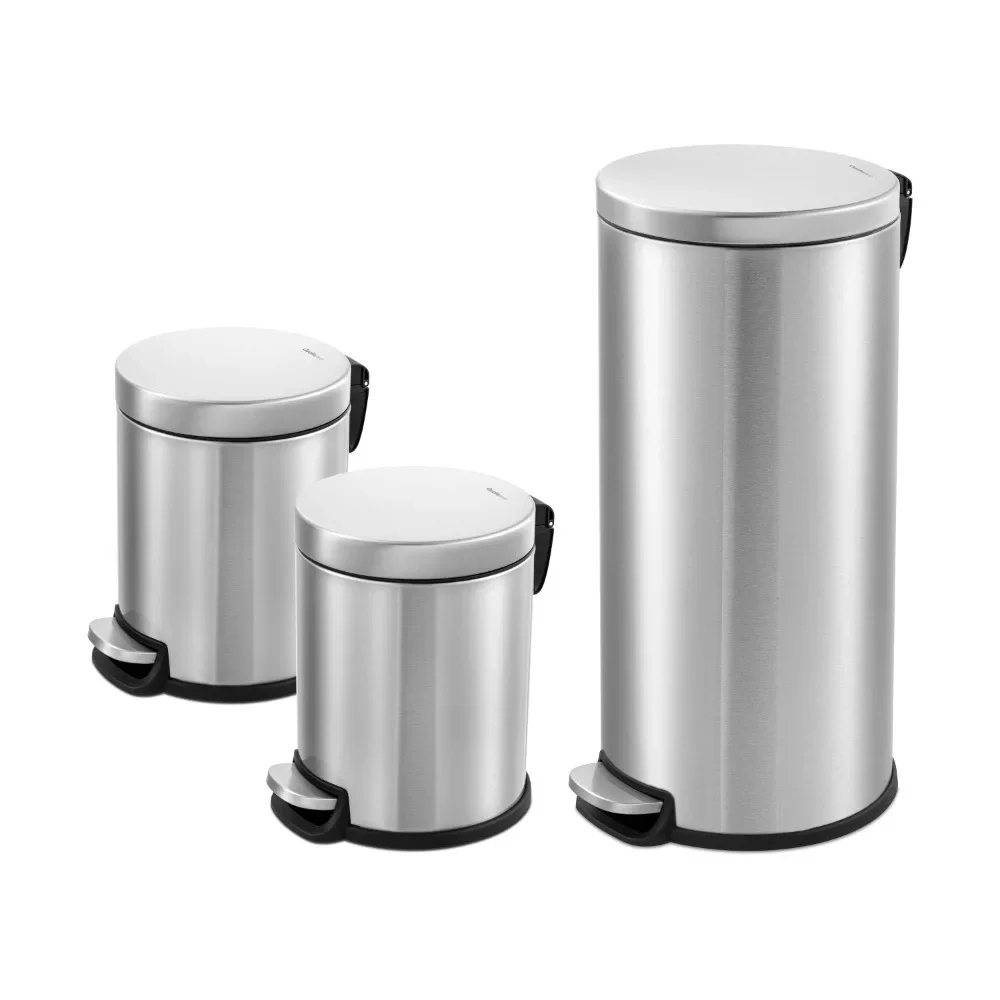 

Qualiazero 8 gal + Two 1.3 gal Bathroom and Kitchen Trash Cans Round Step Can Combo