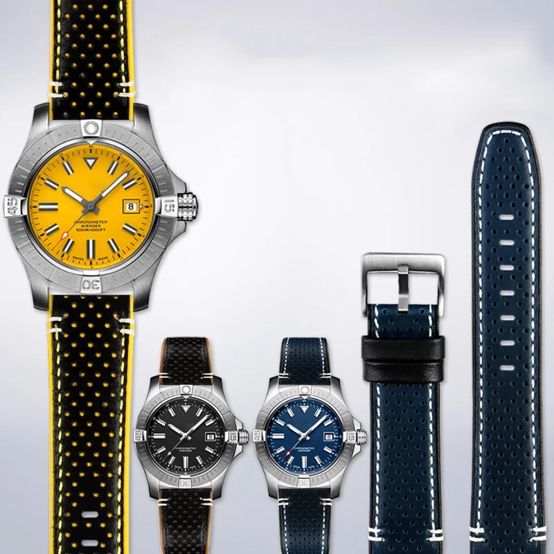 Per Breitling Watchband Avenger Seawolf Yellow Wolf Scout Bird Gmt Super Ocean Cinturino In Pelle Di Vacchetta Bracciale Da Uomo Blu 22Mm