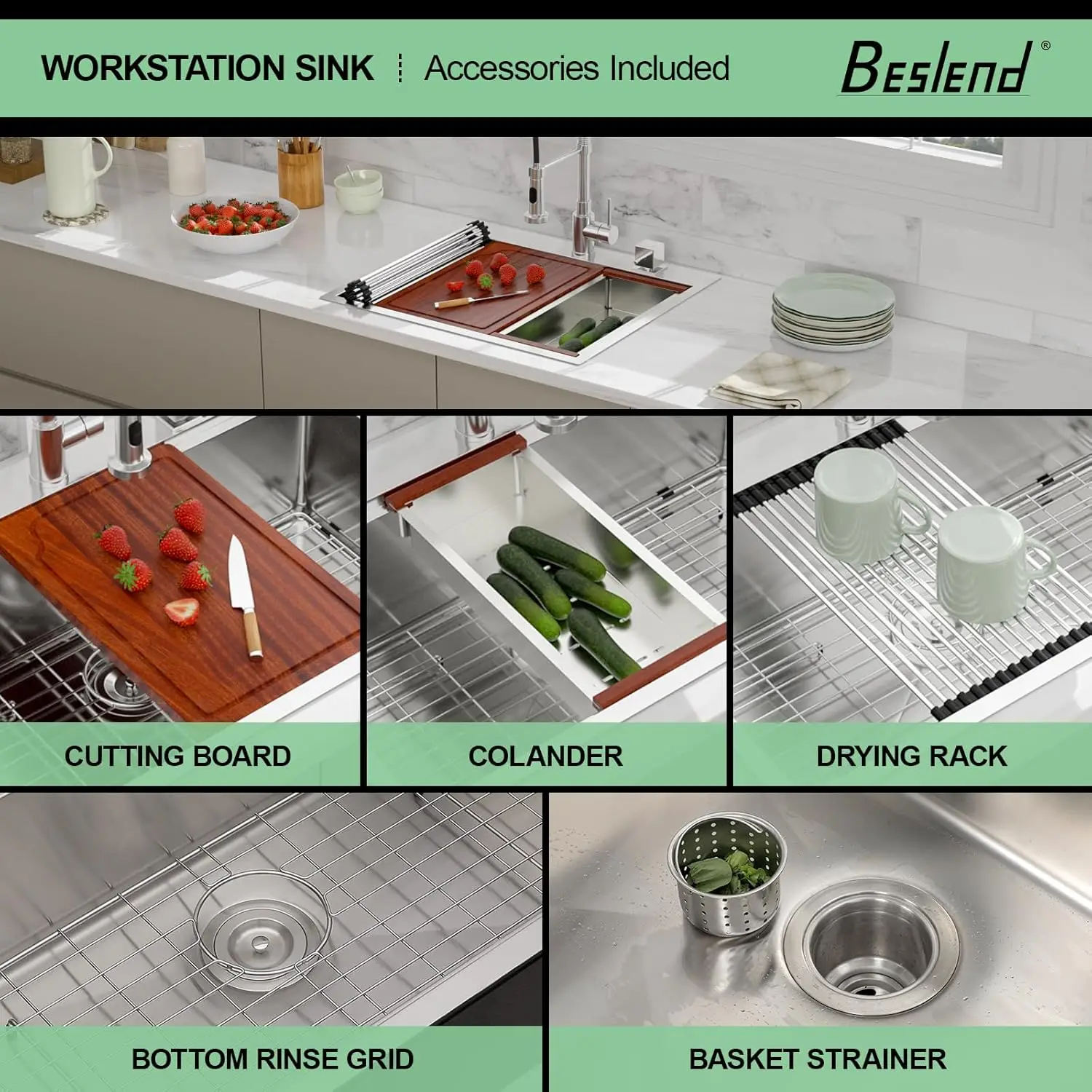 25 Drop In Kitchen Sink - Beslend 25X22 Inch Stainless Steel Kitchen Sinks Ledge Workstation Sink 16 Gauge Top Mount Sink 3