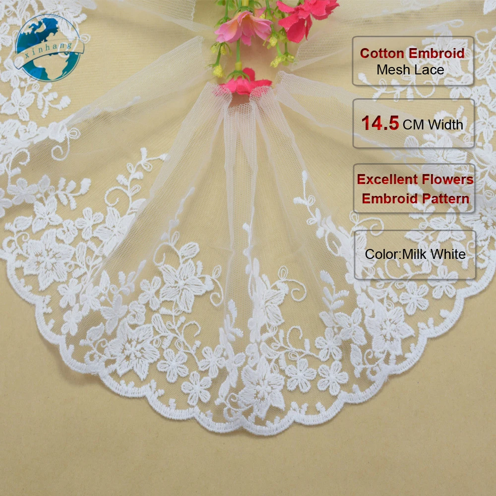 14,5 cm weiße Baumwoll stickerei Nähband Spitze Stoff Damen kleider Trim Strickwaren DIY Hochzeits kleid Kleidungs stück Accessoires #3006