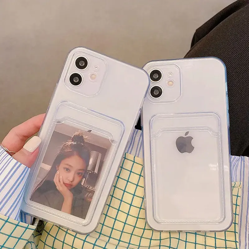 thumbnail image 1 of Transparent Card Slot Bag Holder Case For iPhone 15 14 13 12 11 Pro Max Mini X XS XR 7 8 Plus Clear Silicone Soft Wallet Cover, 1 of 4
