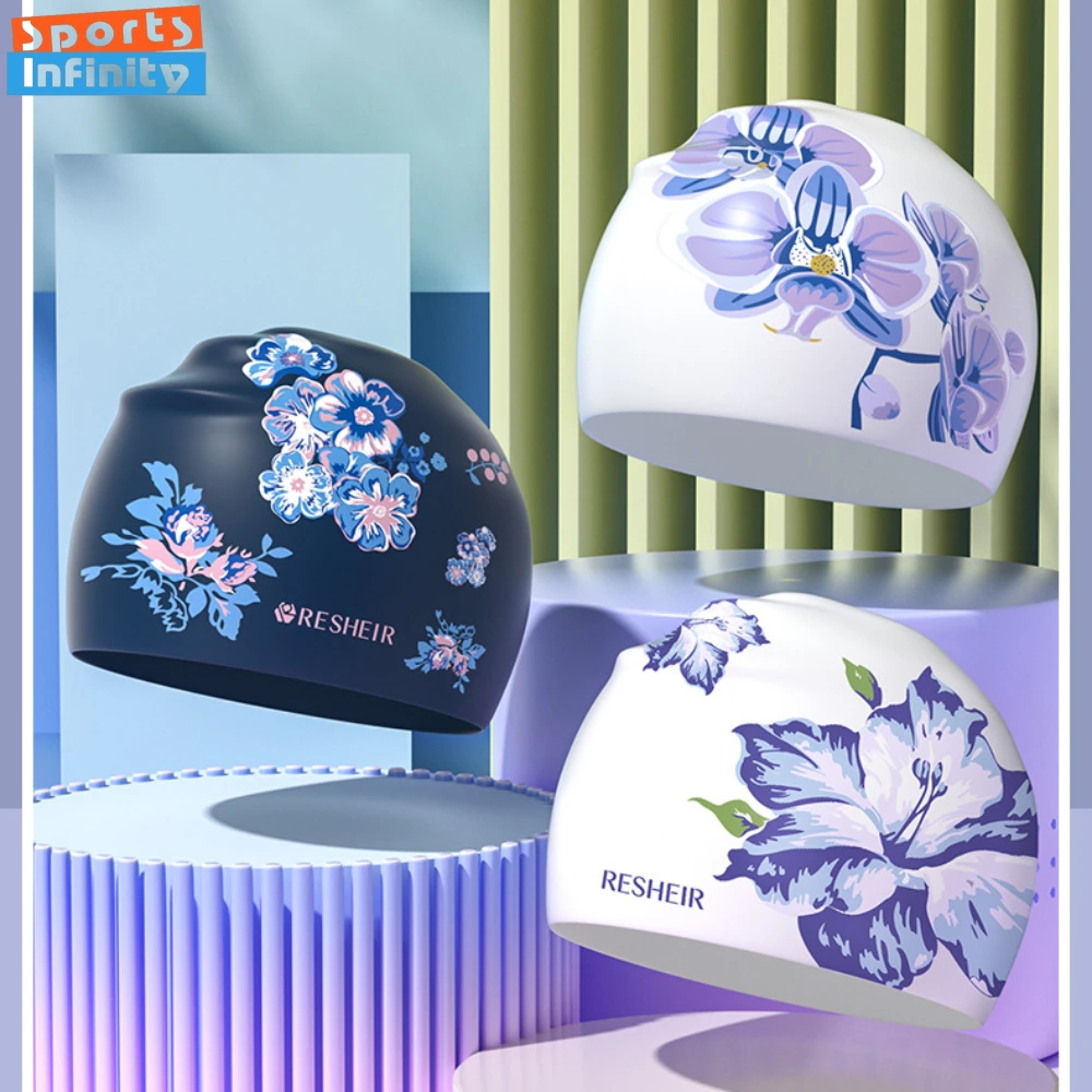 

Silicone Swimming Hats Waterproof Printed Swimming Caps Women Oversized and Comfortable Ear Protection Swim Caps for Long Hair