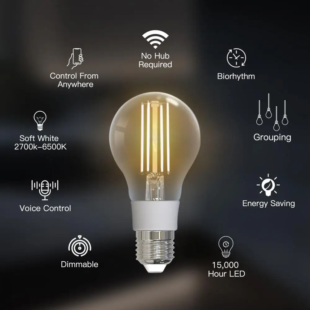 

WiFi Smart Filament Bulb LED Light Lamp E27 Dimmable Lighting 2700K-6500K 806LM Tuya Alexa Google Voice Control 90-250V 7W