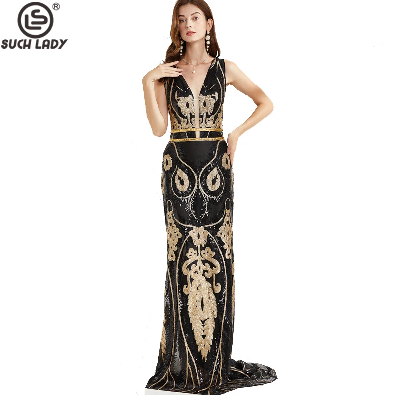 

Women's Evening Gown V Neck Sleeveless Sequined Elegant Designer Maxi Chapel Train Long Party Prom