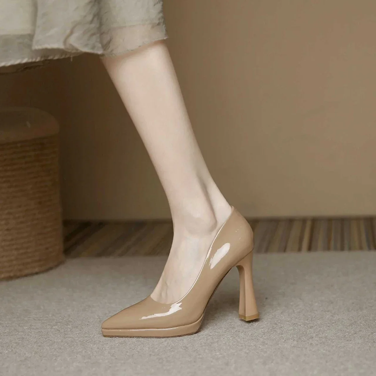 Women High Heels Pointed Shallow Patent Leather Thin Heel Platform Work Pumps
