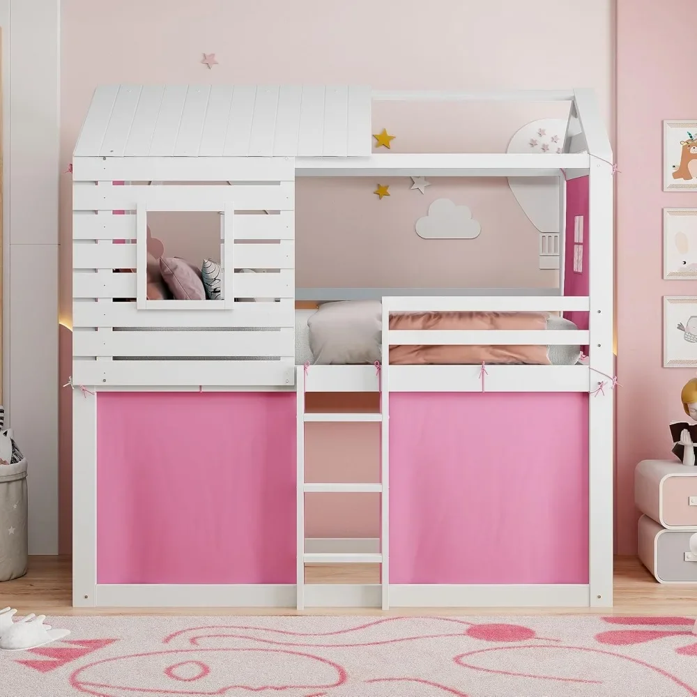 Twin Over Twin Bunk Bed with Tent, Wood Twin Size House Bed Frame, Pink+White Modern Plywood, Pine Wood, MDF House Bunk Bed 3