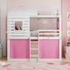 Twin Over Twin Bunk Bed with Tent, Wood Twin Size House Bed Frame, Pink+White Modern Plywood, Pine Wood, MDF House Bunk Bed 3
