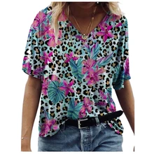 

3XL Plus Size Women O-Neck Leopard Print T Shirt 2021 Summer Oversized Tops Casual V-Neck Loose Tee Female Streetwear Clothing