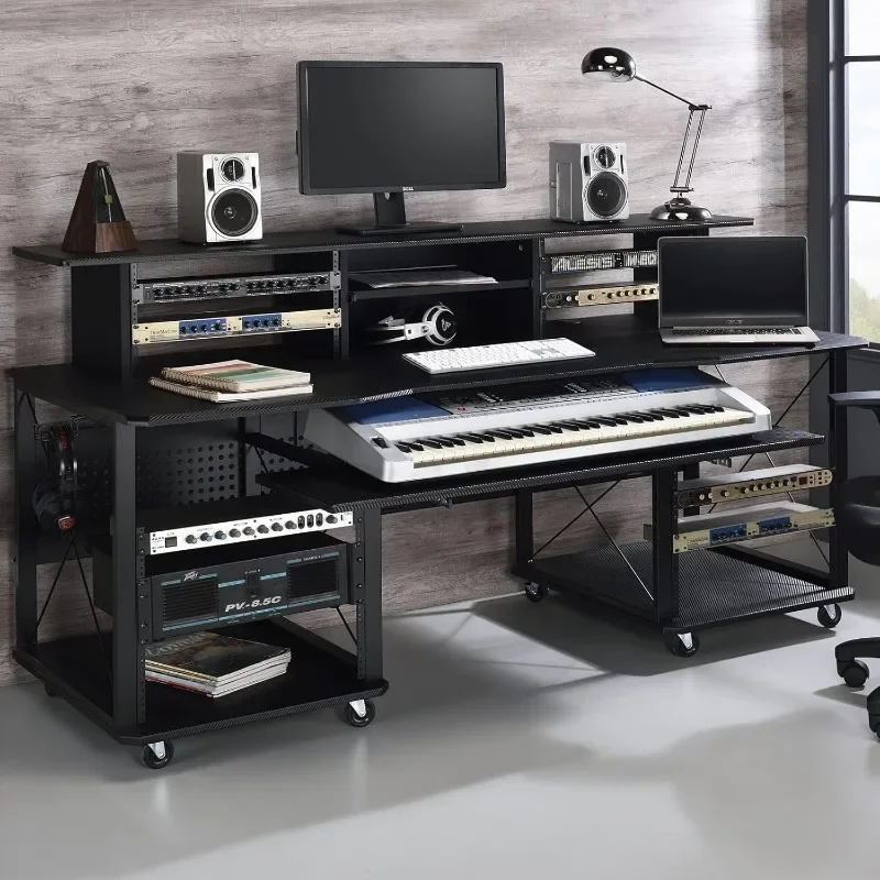 Furniture Metal and Wooden Music Desk with Wheels, Black Minimalist