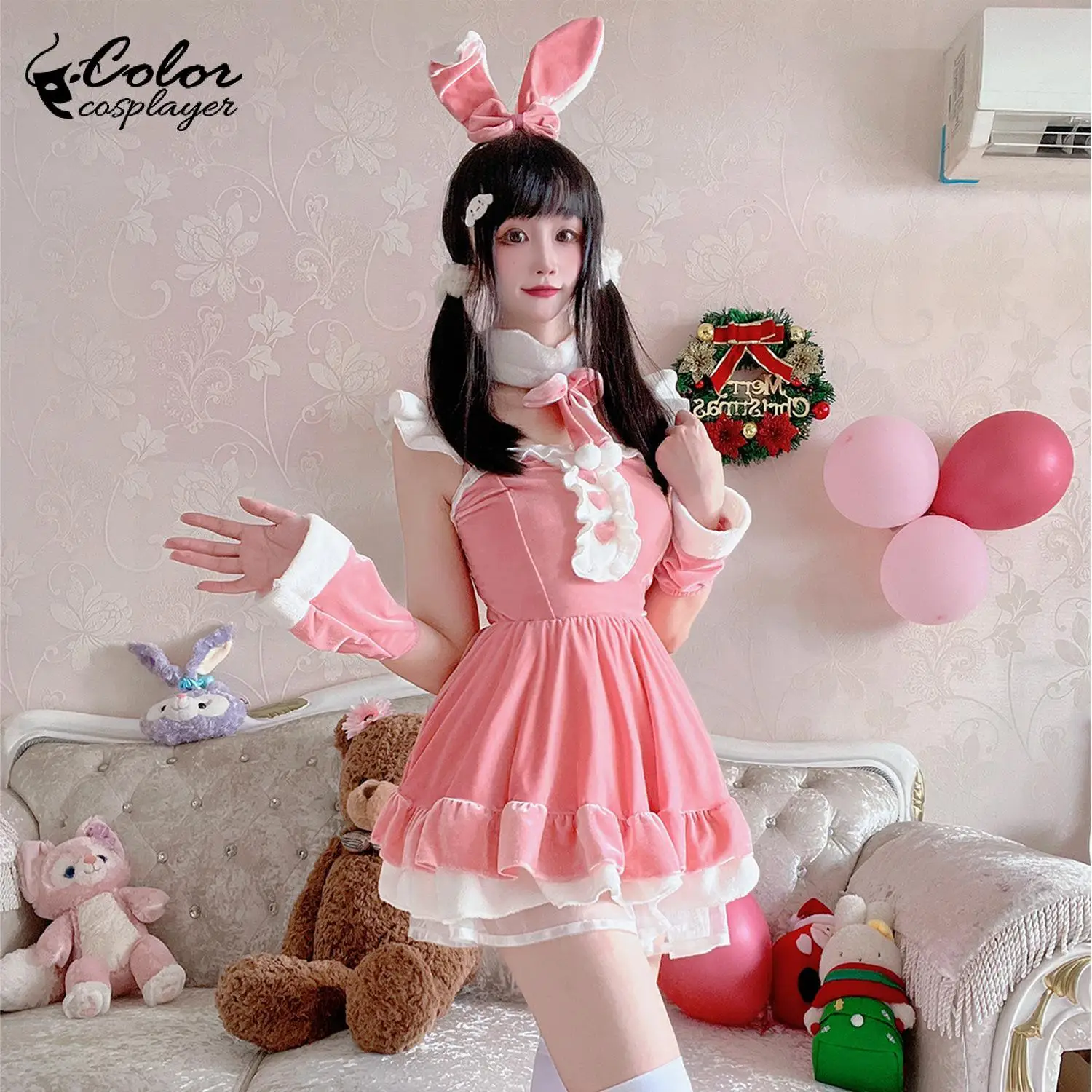 

Color Cospalyer Pink Christmas Dress Suit Women Xmas Girl Set Rabbit Cosplay Costume Fantastic Halloween Party Adult Clothing