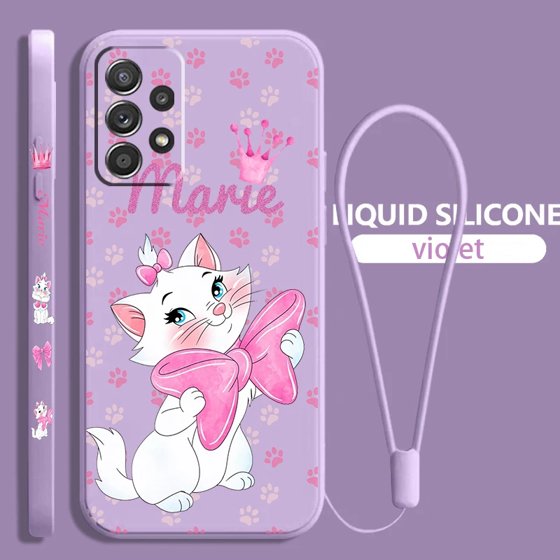 Cartoon Marie Cat Per Samsung Galaxy A73 A54 A34 A53 A33 A52 A32 A22 A71 A51 A21S 4G 5G Liquid Left Rope Phone Case Coque Capa