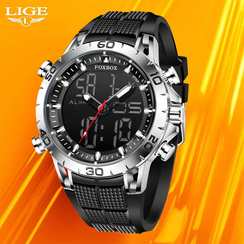 LIGE NEW Fashion Trend Men's Wristwatch Casual LCD Display Analog Digital Genuine Silicone Strap Watch for Man Quartz Male Clock