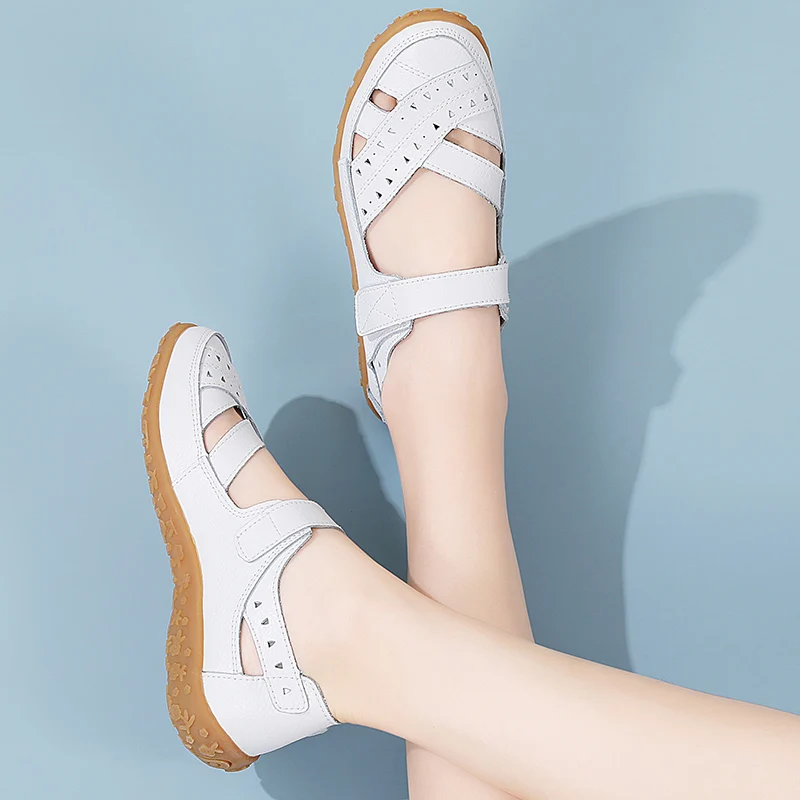 New summer women's shoes large size Roman casual mother shoes leather baotou sandals Velcro hollow cowhide