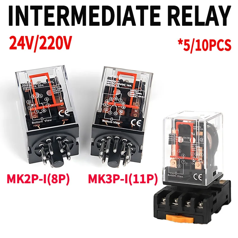 

MK3P-I MK3P-1 Intermediate Relay General Purpose AC 220V DC 24V Coil 8/11 Pins Electromagnetic Relay With PF113A Socket Base