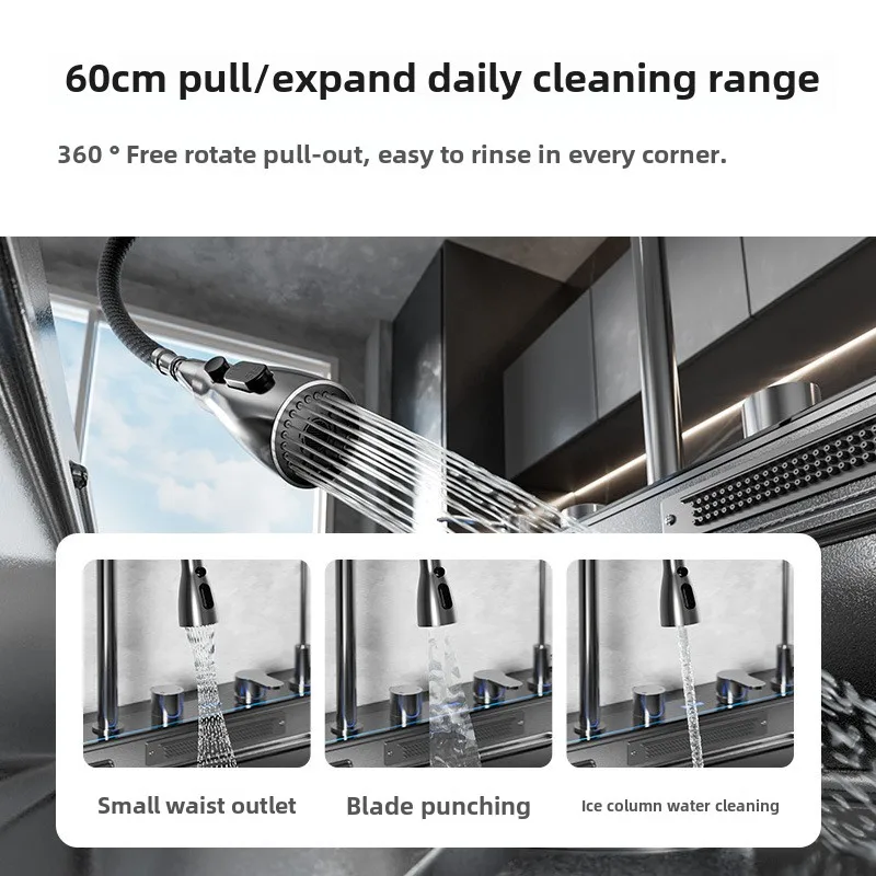 Premium 304 Stainless Steel Kitchen Sink Set, The Starry Sky Meteorite Textured LED Display Waterfall Whale Sink Kit