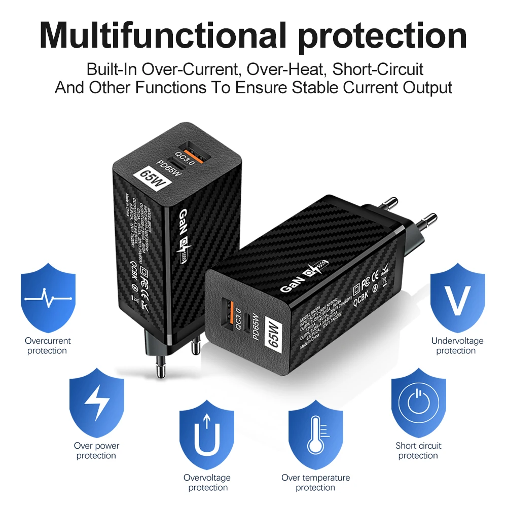 65W GaN Charger PD Quick Charge 4.0 3.0 Type C USB C Fast Charger Adapter Mobile Phone Portable Charger For Tablet iPhone 15 14