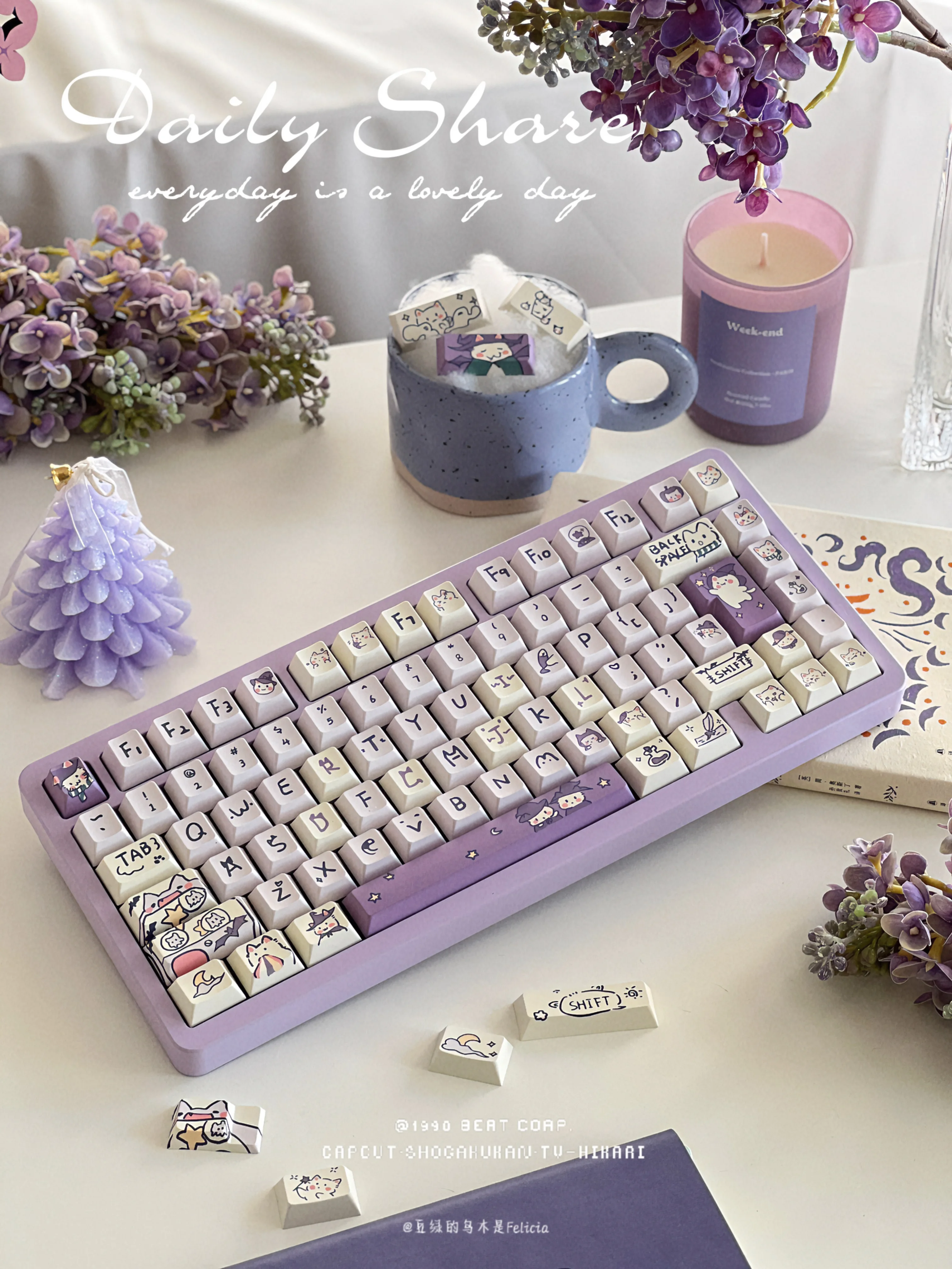 animados, Roxo mágico bonito, Meow Keycap, Moa