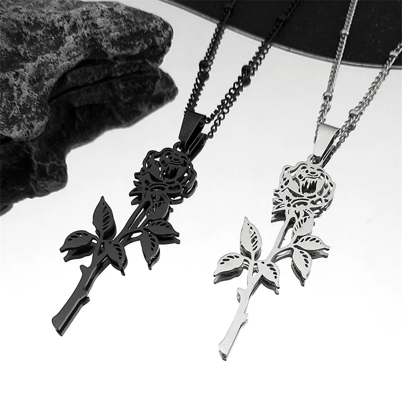 Hiphop Rose Anhänger Halskette für Frauen Männer Edelstahl Silber Schwarz Farbe Charm Kette Schmuck Geschenke – Detail 5