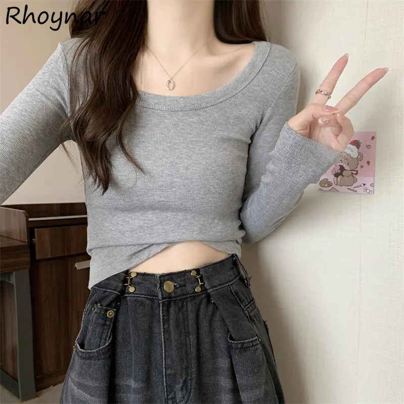 

Облегающие Женские футболки в Корейском стиле, повседневные нежные простые базовые универсальные студенческие Футболки с длинным рукавом, распродажа