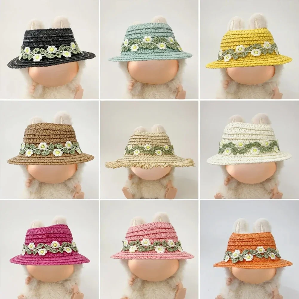 Clothes for Labubu Open-Top Straw Hat Flower Hat with Bow 1st 2nd 3rd Gen for 17cm Labubu Sitting Party Outfit Accessories 2