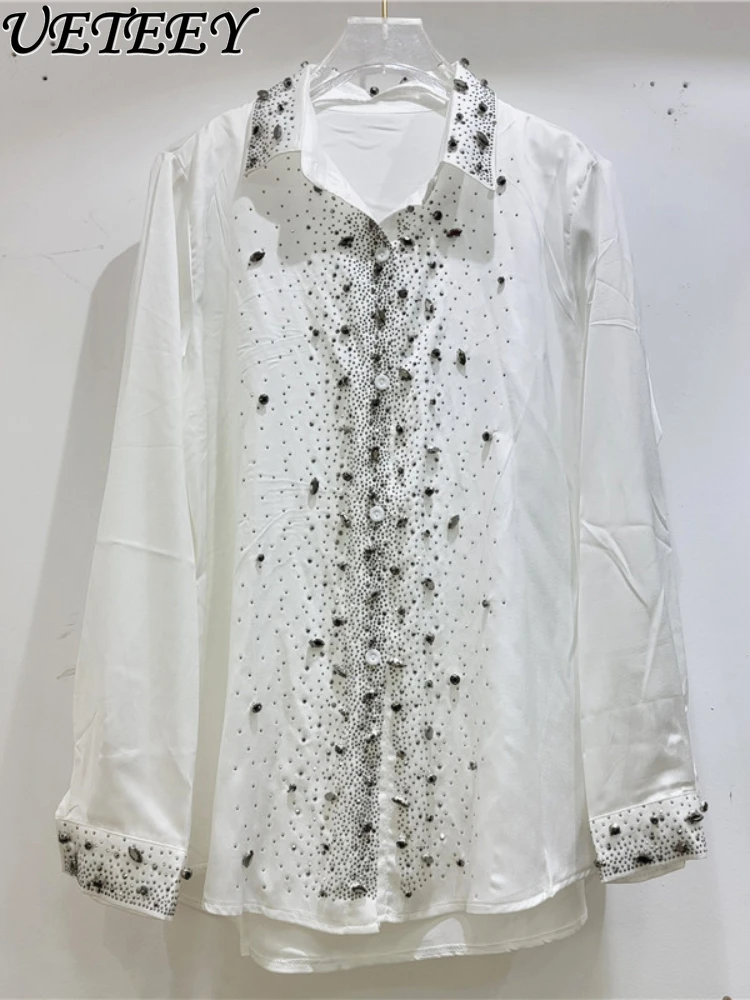 

2024 Early Spring New Starry Rhinestone Hot Drilling Design Dark Mercerized Cotton Shirt Women's Fashion Long Sleeve Blouse