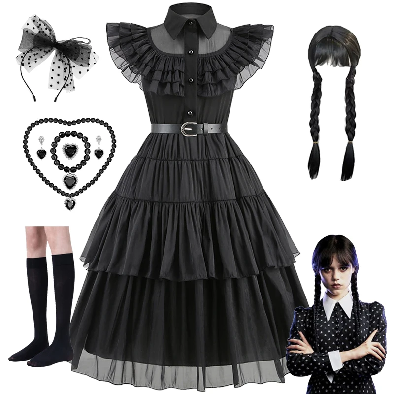 

Black Wednesday Adams Role Play Costume Girls Halloween Carnival Party Cosplay Black Evening Dress Girls Lace Princess Skirt NEW