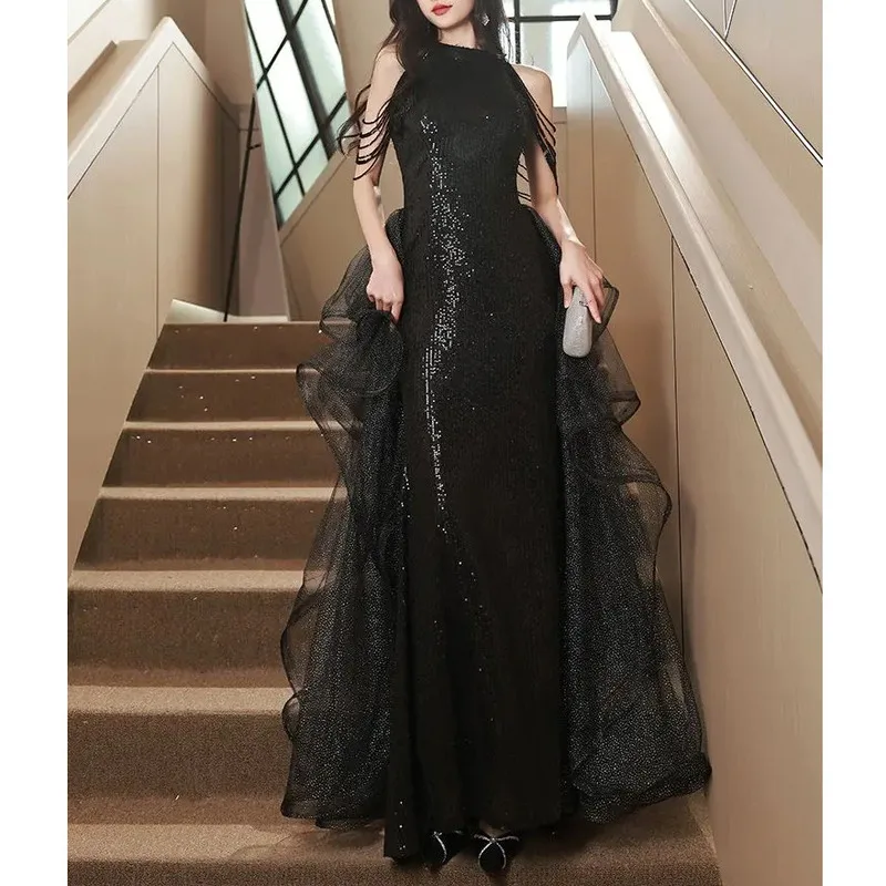 Women Evening Party Long Summer Vintage Mesh Floor-Length Sleeveless Black Dress Trumpet Sexy Mermaid Vestido Banquet Elegant