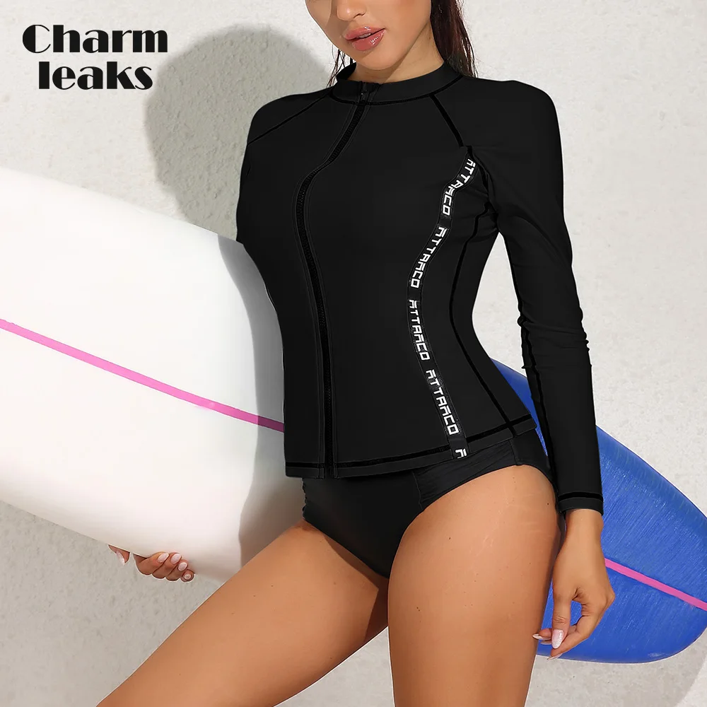 Charmleaks Women Rash Guard Zipper Solid Letters Crew Neck UPF 50+ Surfing Tops Long Sleeves Quick Dry Soft Beachwear