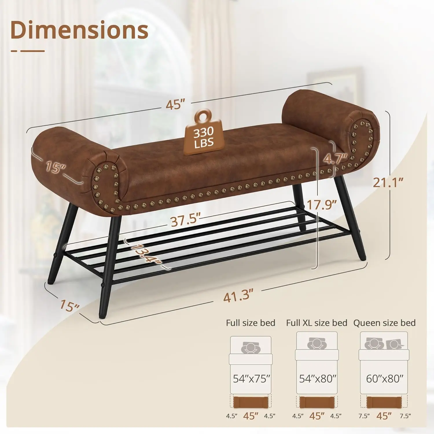45.3" End of Bed Bench, Modern Bedroom Leather Upholstered Shoe Benches, Ottoman with Stable Metal Frame and Solid Shelf