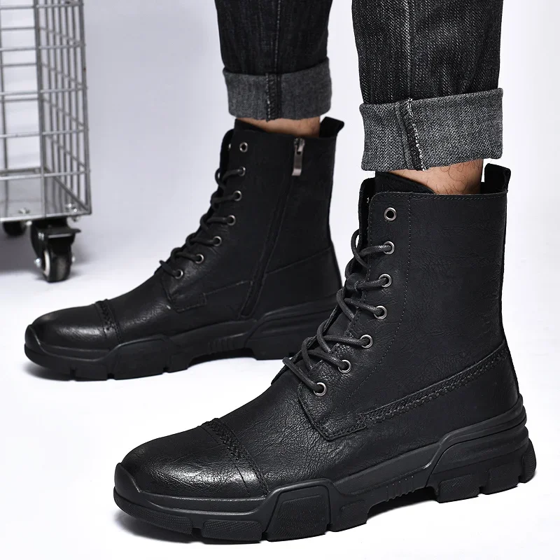 

Trendy men's oversize work genuine leather boots with high top motorcycle leather zipper boots Trendy cotton boots for man