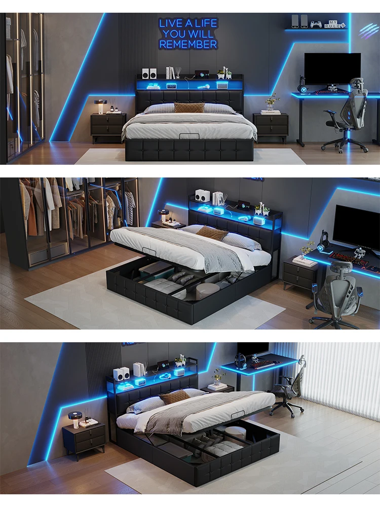 Creahappy – 140 x 190 cm großes gepolstertes Doppelbett mit Stauraum und LED-Beleuchtung, mit Lattenrost und USB-Ladeanschlüssen – Detail 1