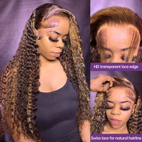 Perruque Lace Frontal Wig naturelle bouclée à reflets transparents HD, blond miel, perruque Lace Frontal Wig Deep Wave pour femmes 3