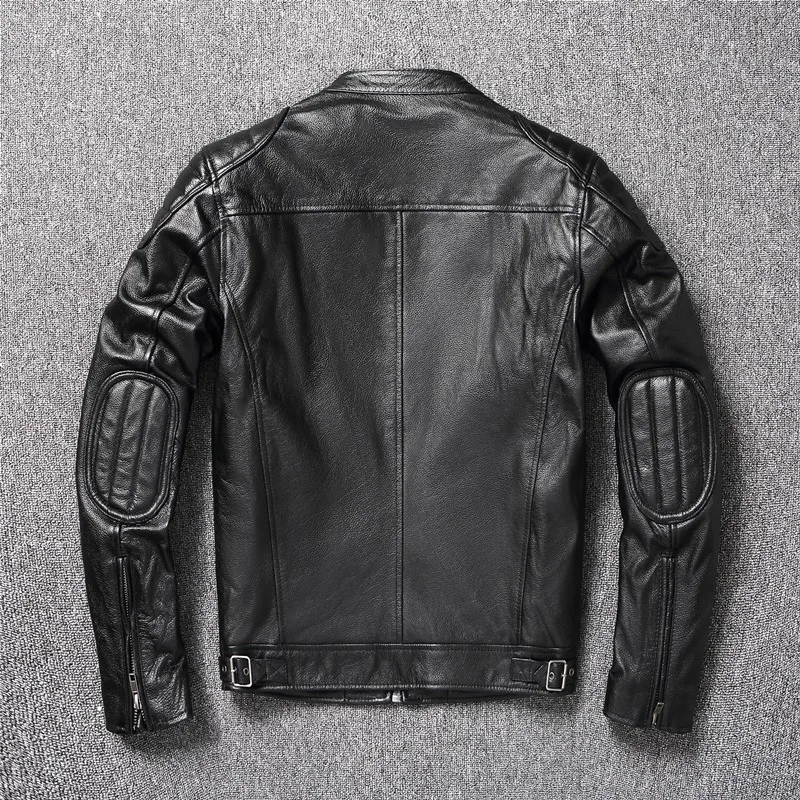 New Mens Biker Clothes Spring Autumn Asian Size 6XL Vintage Yellow Brown Real Cowhide Genuine Leather Jacket Men Motorcycle Coat