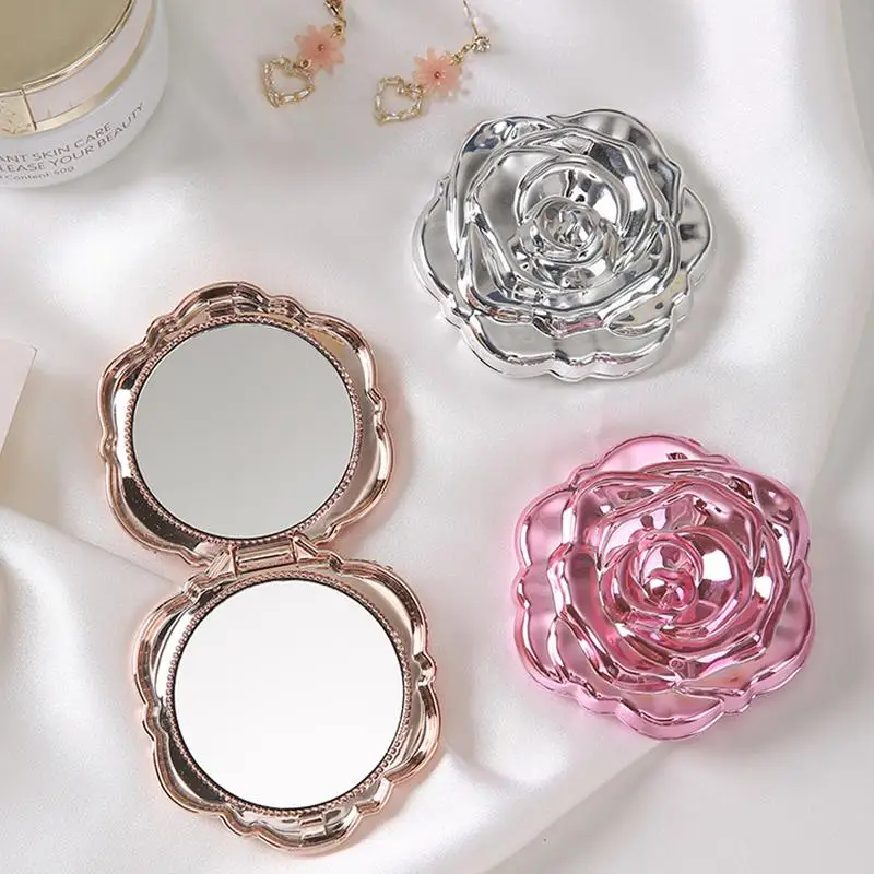 Vintage-Inspired Rose Flower Compact Pocket Mirror – Double-Sided Mini Beauty Tool Gift