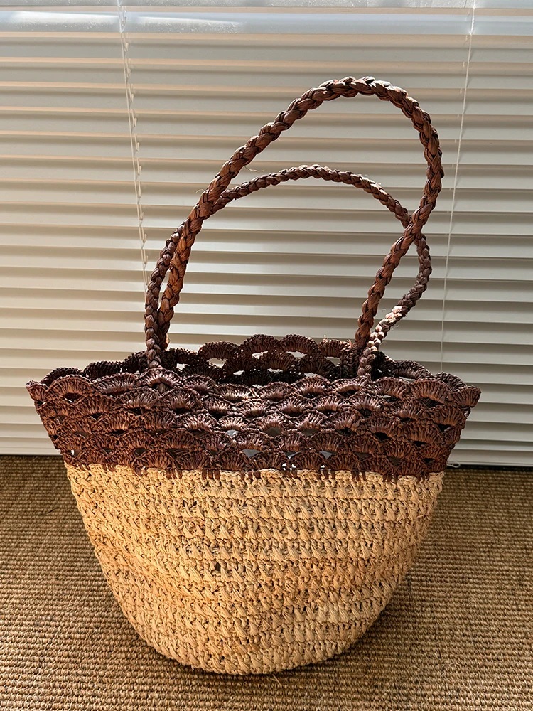 Fashion Lafite Straw Bucket Bag Hollow Rattan Women Handbags Summer Beach Shoulder Crossbody Bag Casual Lady Large Tote