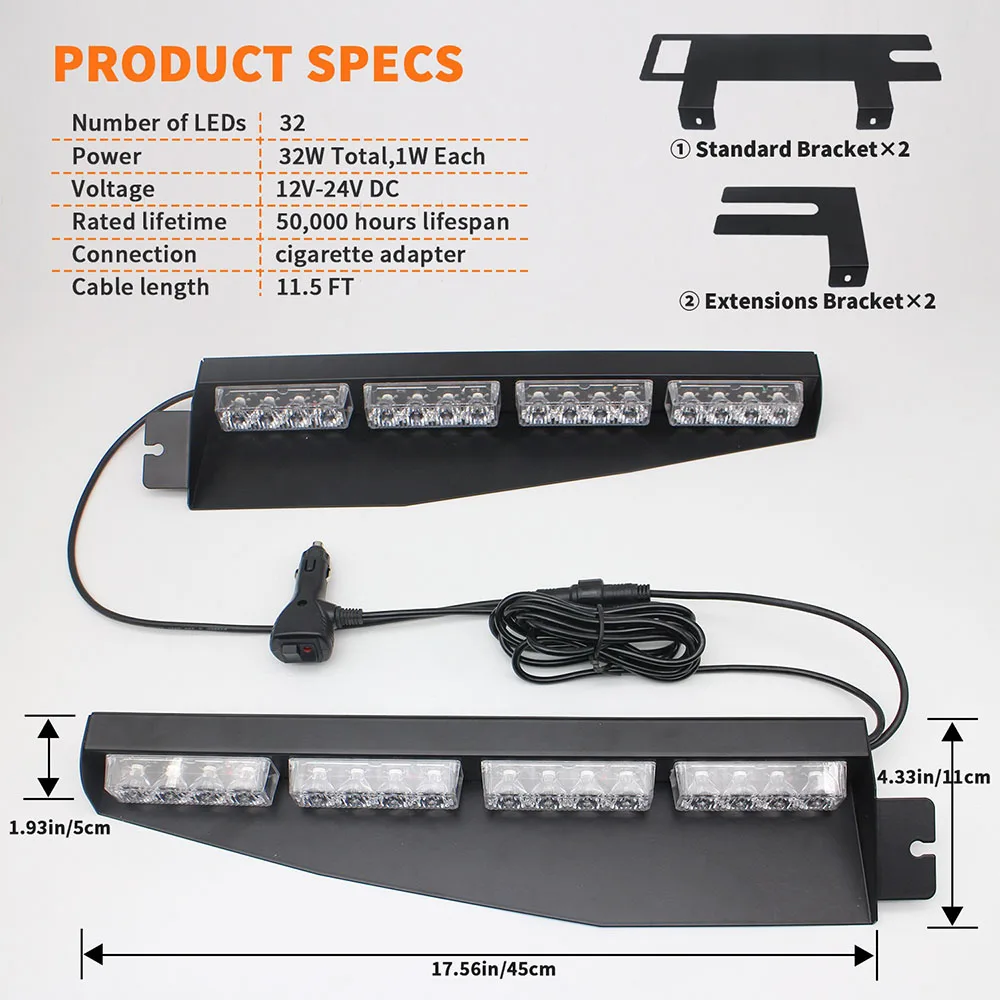 LED 비상 경고등 스트로브 바, 내부 앞 유리 경고 깜박임, 자원 봉사 소방관 차량, 12V, 24V, 40W