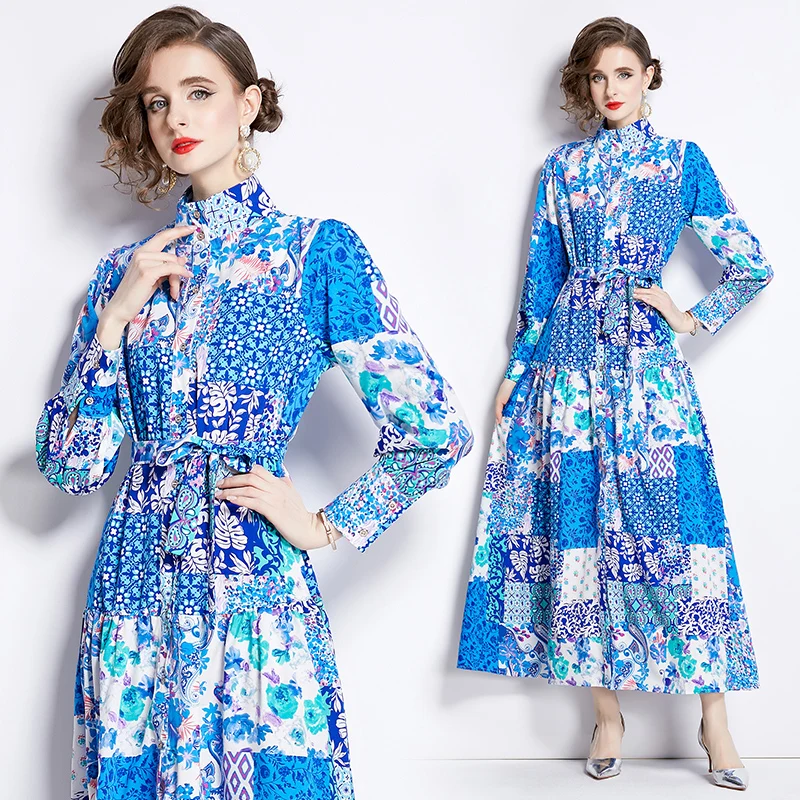 

2024 Spring/Summer New Style Flap Neck Slim Fit Mid length Printed Shirt Collar Dress AZ6945075