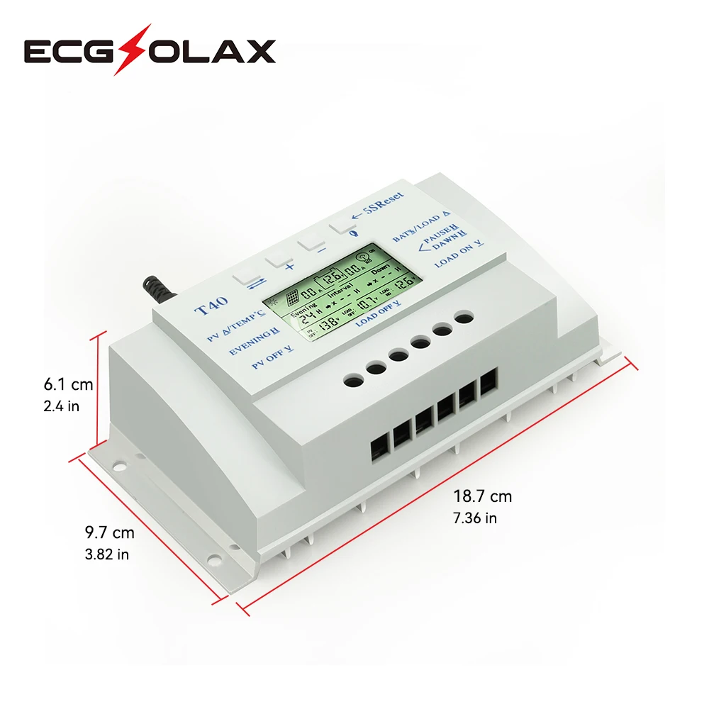 ECGSOLAX MPPT 20A 40A Solar Charge Controller 12V 24V Auto LCD Display PV Regulator Dual Timer Control for Solar Lighting System