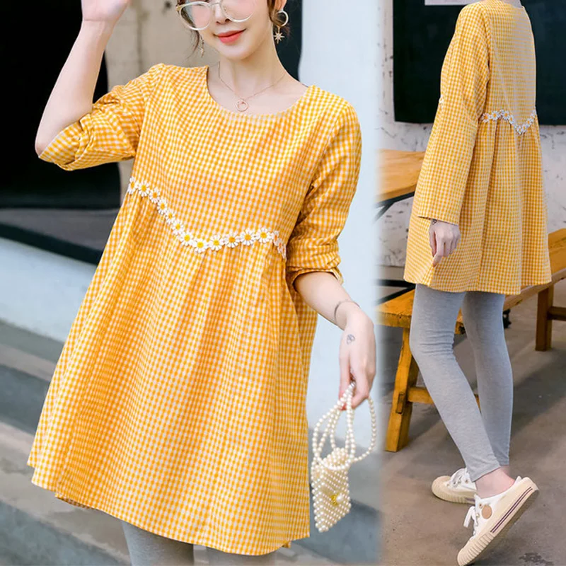 

Spring Korean Fashion Plaid Maternity Dress Chic Sweet Clothes for Pregnant Women Loose Plus Size Pregnancy Dress