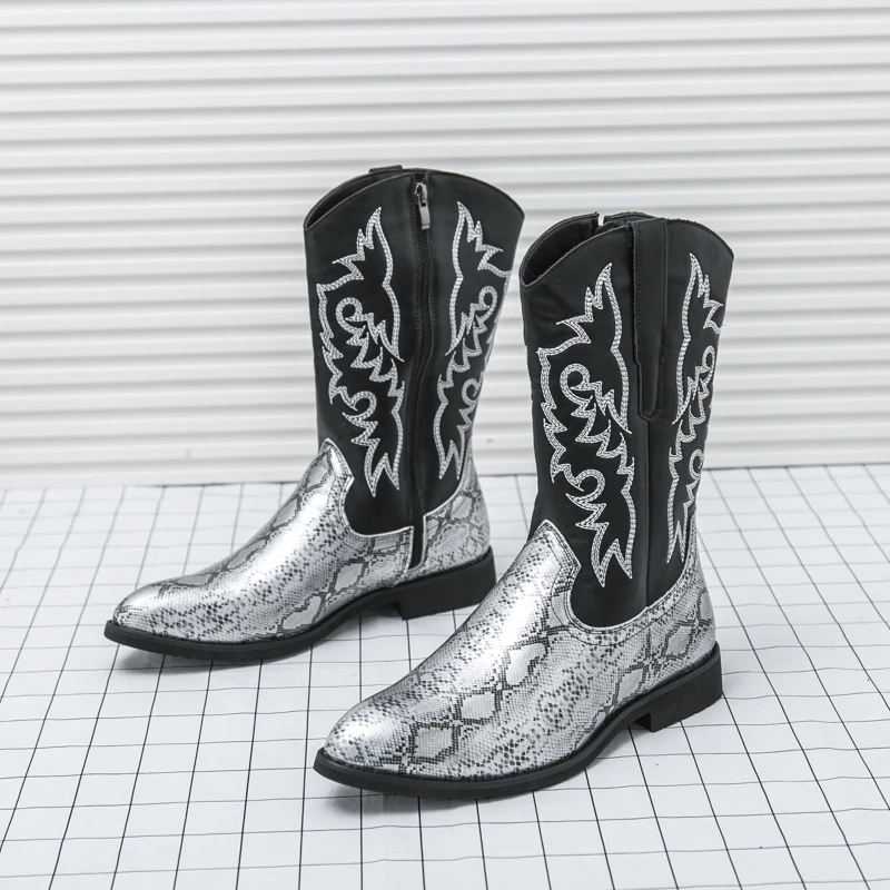 New Retro Fashion Men Boots Head Snake Skin Patent Leather Winter