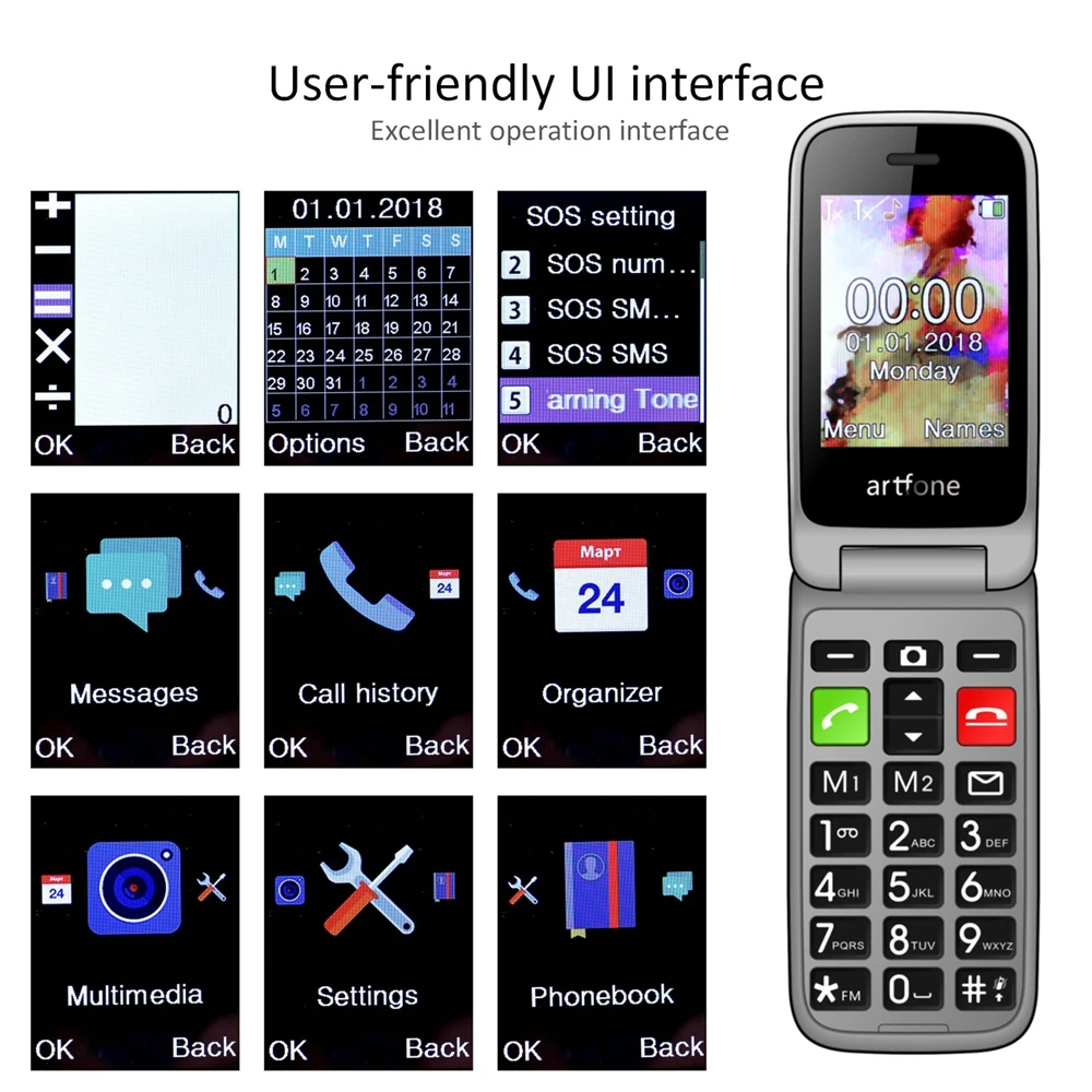 Artfone CF241A Flip Big Button Senior Mobile Phone For Elderly Unlocked Celulares Duall Sim Wireless FM SOS Bluetooth GSM 2G 5