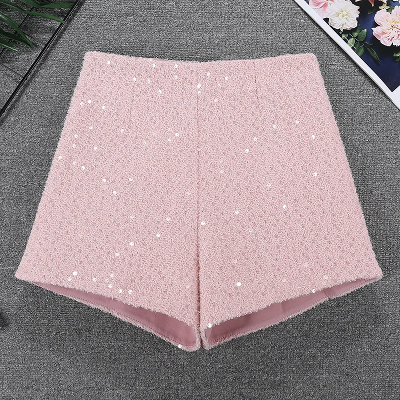 Sequin Shorts Women's Winter High Waist Wool Blend A-Line Casual Short Pants