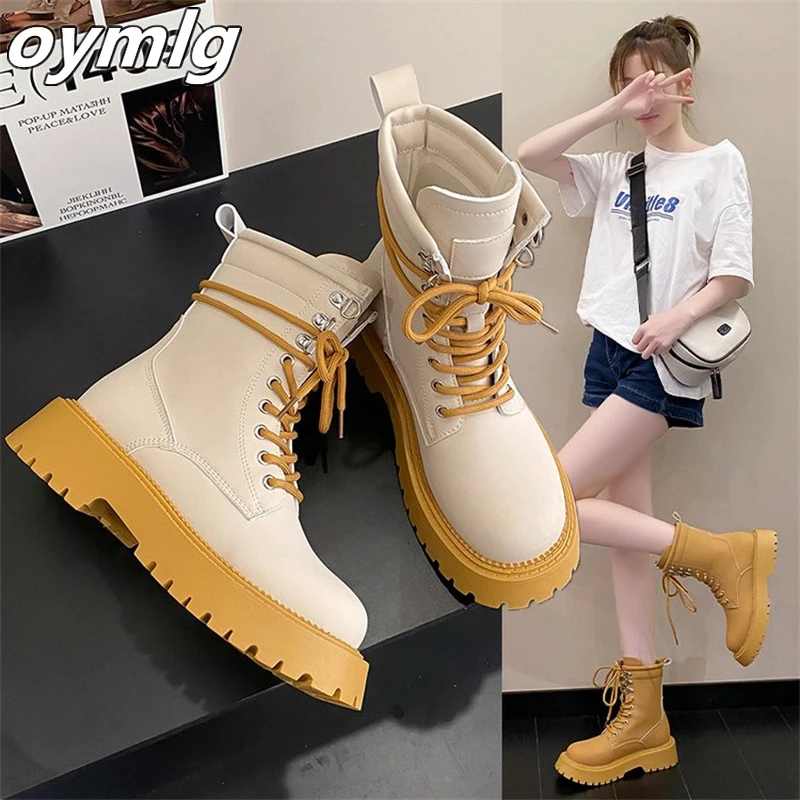 Workwear Boots Women's 2022 Autumn New Thick-soled Ankle Boots Lace-up  High-top Motorcycle Rhubarb Boots Wholesale - Women's Boots - AliExpress