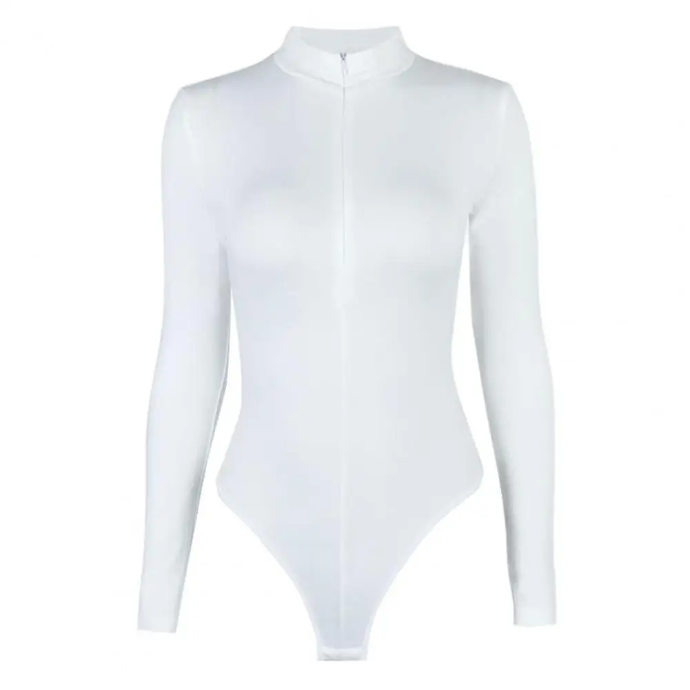 

Women Bodysuit Cozy Fleece-lined Bodysuit for Women Mock Neck Zipper Romper with Skinny Fit Autumn Winter Solid Color Style