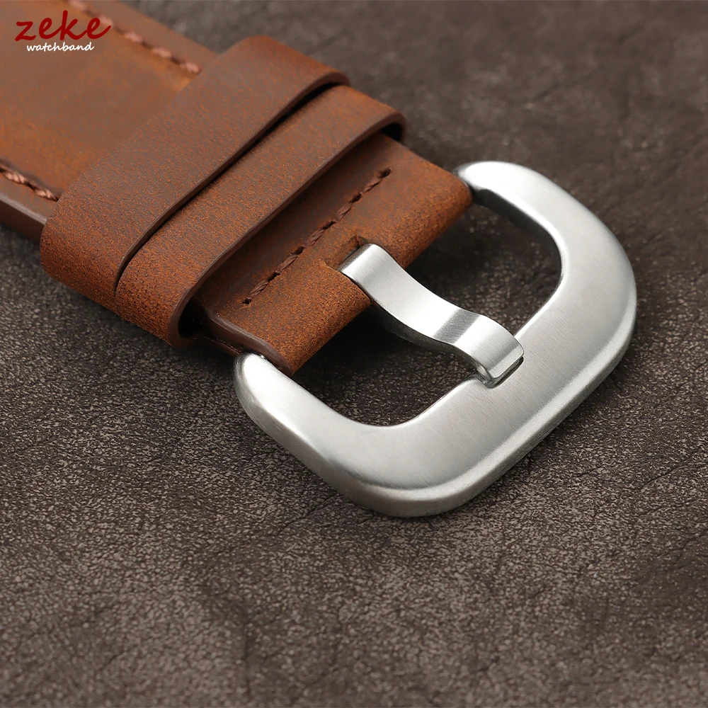 Vintage Crazy Horse Leather Watch Strap - Premium Top Grain Cowhide with Black Silver Clasp, 28mm