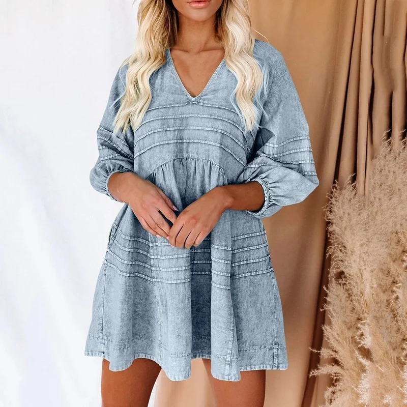 

Женский джинсовый топ с V-образным вырезом, длинным рукавом-фонариком