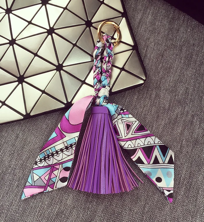 Fringed Leather & Silk Scarf-Inspired Bag Charm with Keychain