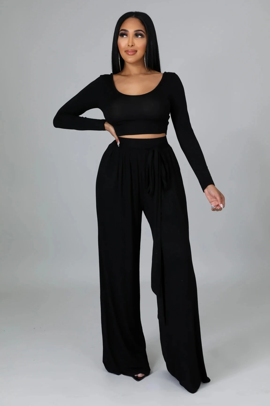 

Cutubly Casual Women Pant Outfit Long Sleeve T-shirt And Draped Wide Leg Pants 2 Piece Set 2023 Autumn Chic Club Wear Party